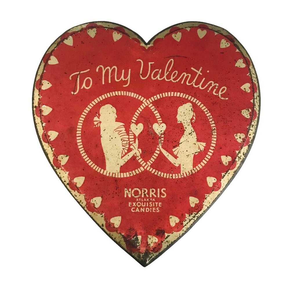 Antique Norris Atlanta Candies Valentine Heart Tin Candy Box Hinged Metal Red 9"